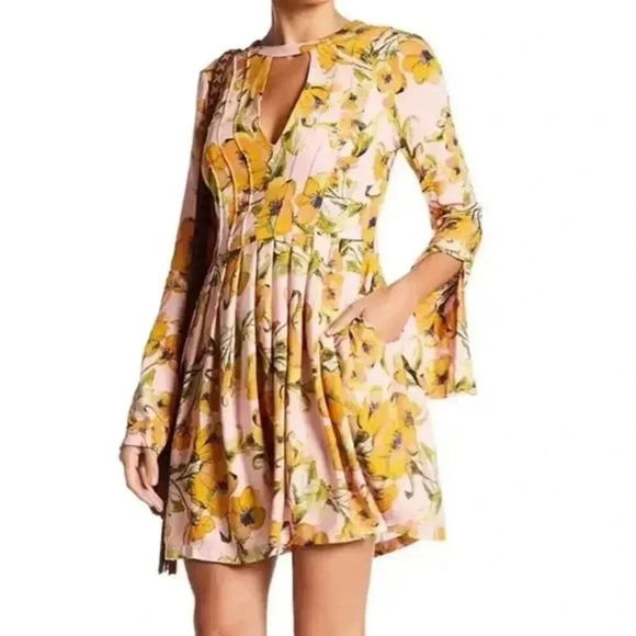 Free People Tegan Floral Cutout V-Neck Pleated Long Sleeve Mini Skater Dress - Picture 1 of 12